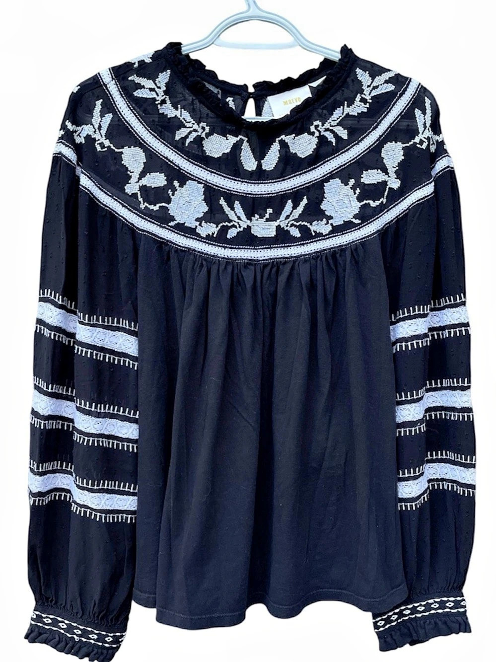 Maeve Winona Lace Embroidered Boho Peasant Top Black & White Large Like New